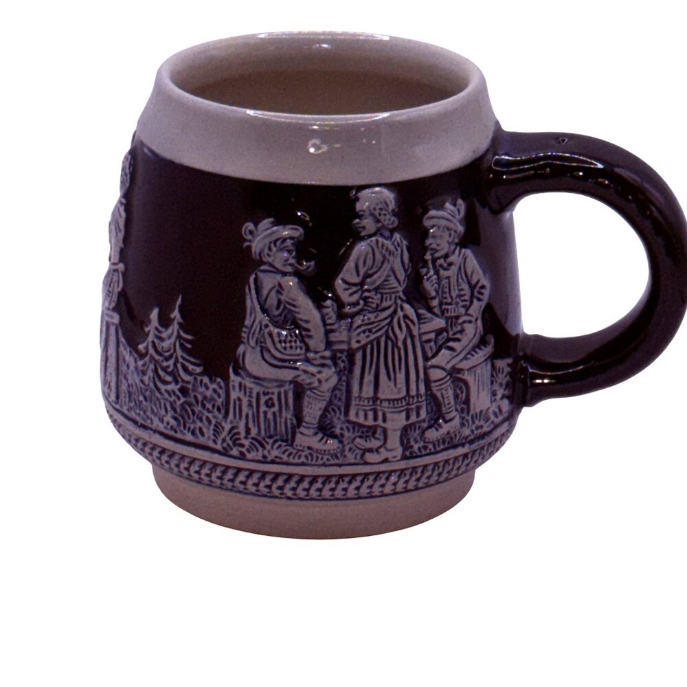 Vintage German Style Stoneware Beer Stein Mug Blue Gray Relief Tavern Scene 1970